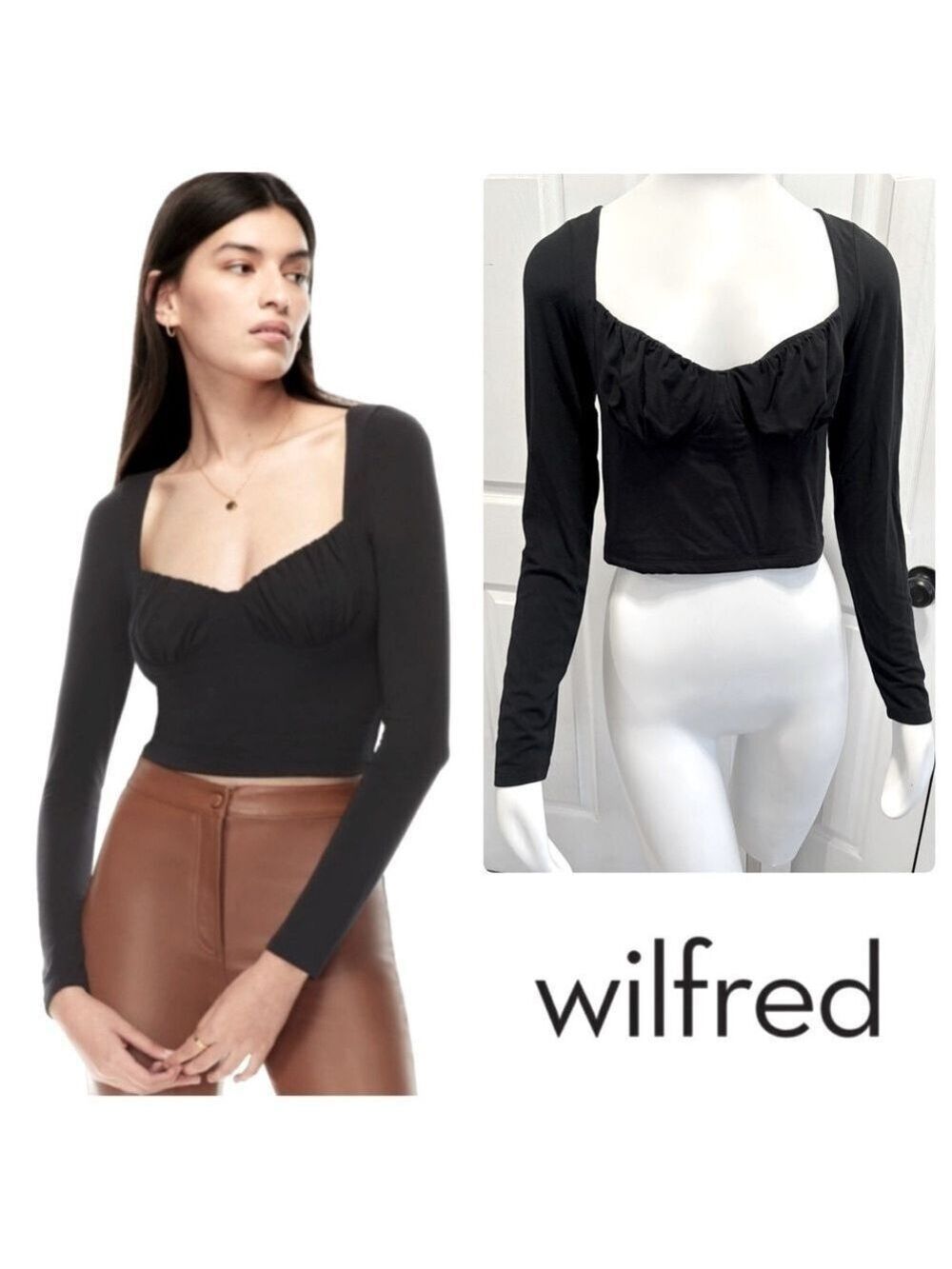 Aritzia Wilfred Kristin Long Sleeve Top Ruched Sweetheart Neck Black Size Medium